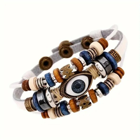 Leather Bracelet Cuff Bangle Layered Boho Beads Thrid Eye Evil Luck Adjustable - Picture 1 of 2